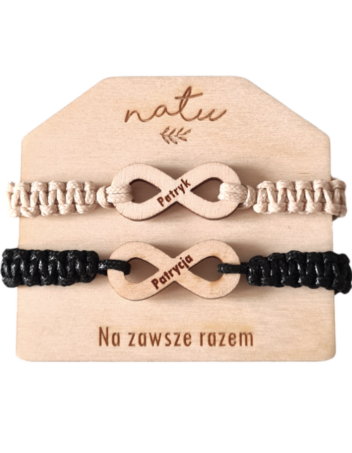 Bransoletki dla par z drewnianą zawieszką w kształcie nieskończoności i grawerem – Natu Artwork