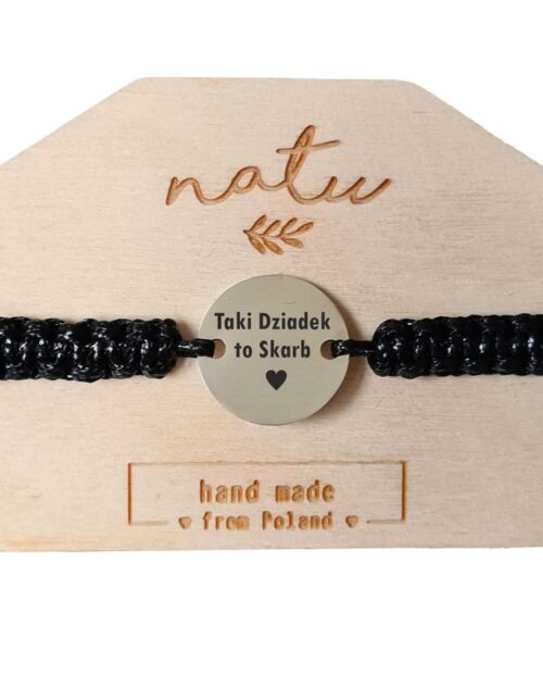 Bransoletka dla dziadka z metalową zawieszką i grawerem „Taki Dziadek to Skarb” – ręcznie pleciony sznurek, prezent od wnuczków.