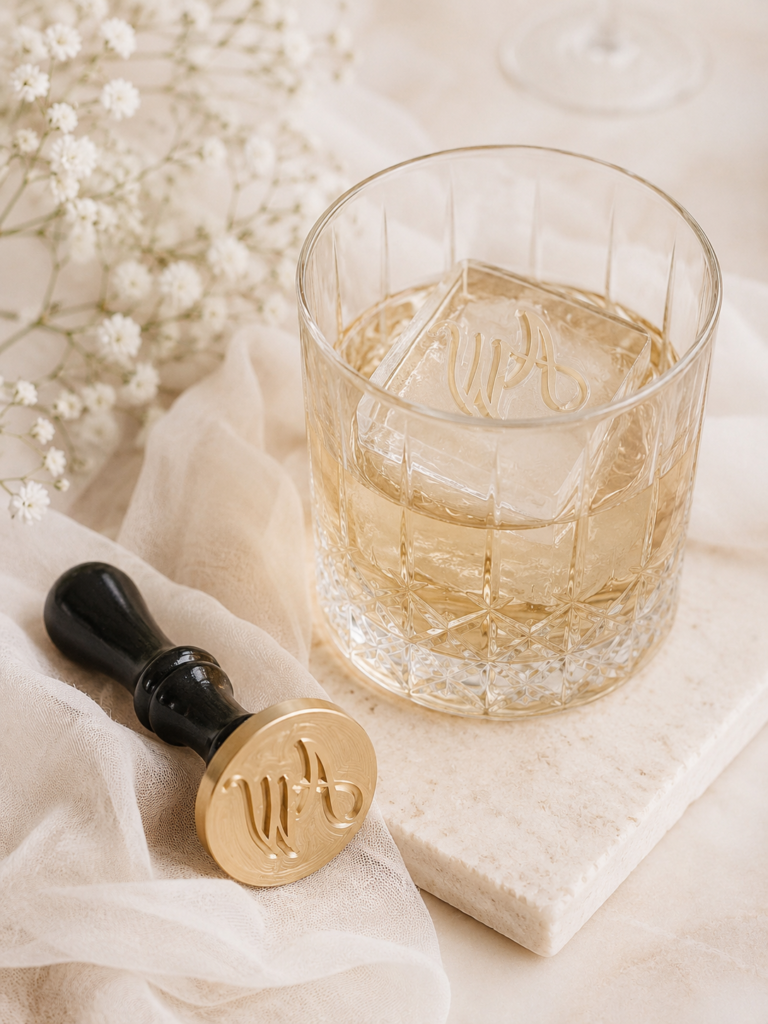 Personalizowany stempel do lodu z inicjałami oraz odbicie monogramu na kostce lodu w drinku. Elegancka dekoracja drinków na ślub, wesele i przyjęcie weselne.