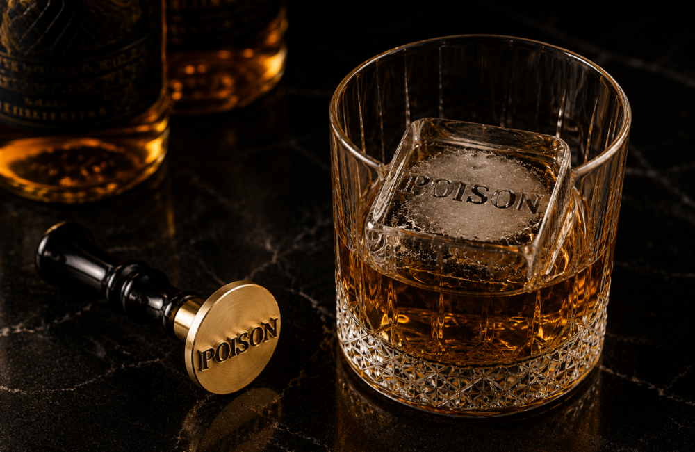 Stempel do lodu z logo firmy wykonujący odbicie na kostce lodu w szklance whisky. Personalizowany stempel do lodu dla barów, restauracji, hoteli i eventów.