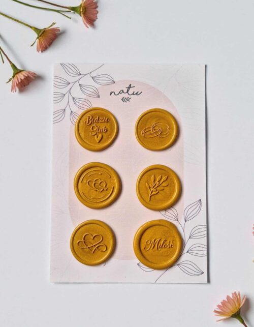 Sześć gotowych pieczęci lakowych ślubnych – samoprzylepne odbicia do zaproszeń, kopert i menu