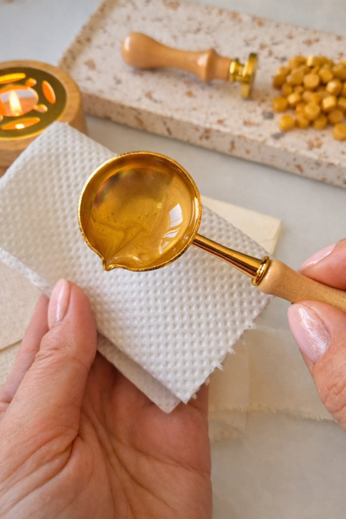 czyszczenie łyżeczki do laku po wylaniu roztopionego wosku przed wykonaniem kolejnej pieczęci lakowej