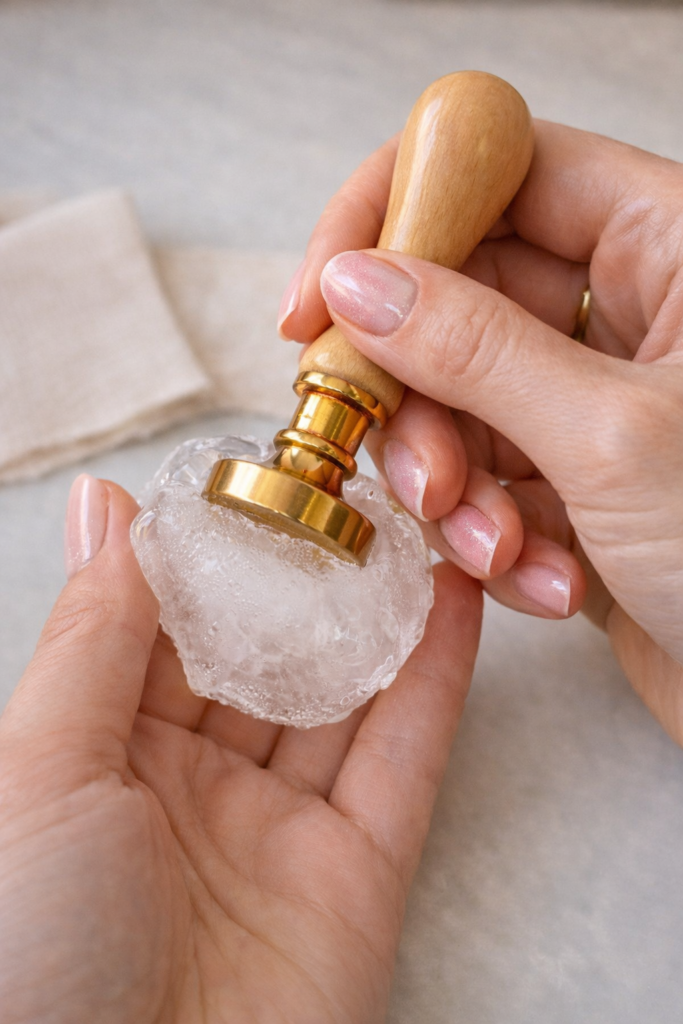 Jak schłodzić stempel lakowy kostką lodu przed wykonaniem pieczęci lakowej – poradnik krok po kroku NATU Artwork