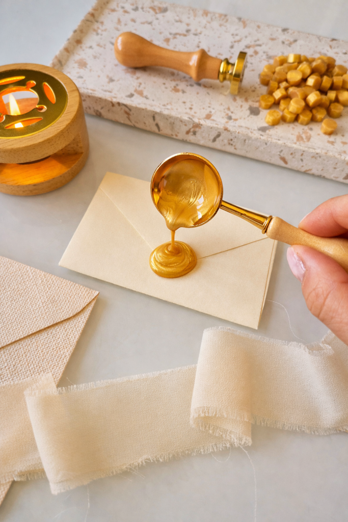 wylewanie roztopionego laku na kopertę przed odbiciem pieczęci lakowej stemplem lakowym