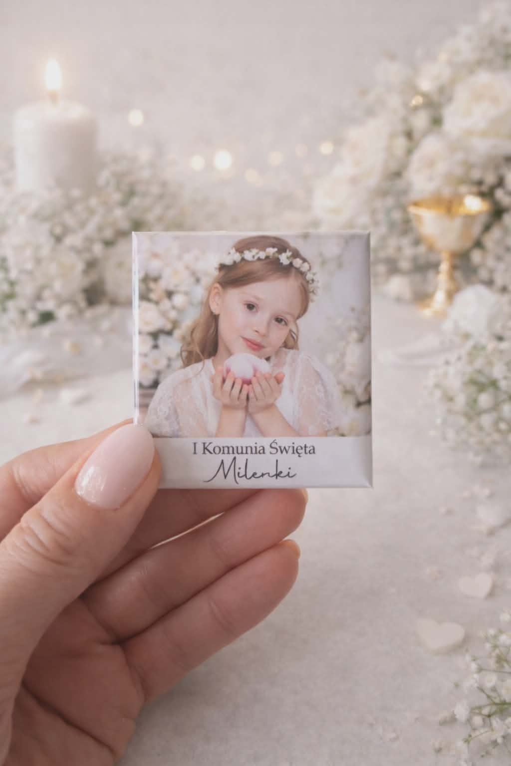 Podziękowania dla gości Komunia – magnesy ze zdjęciem dziecka personalizowane 5×5 pamiątka Komunijna premium