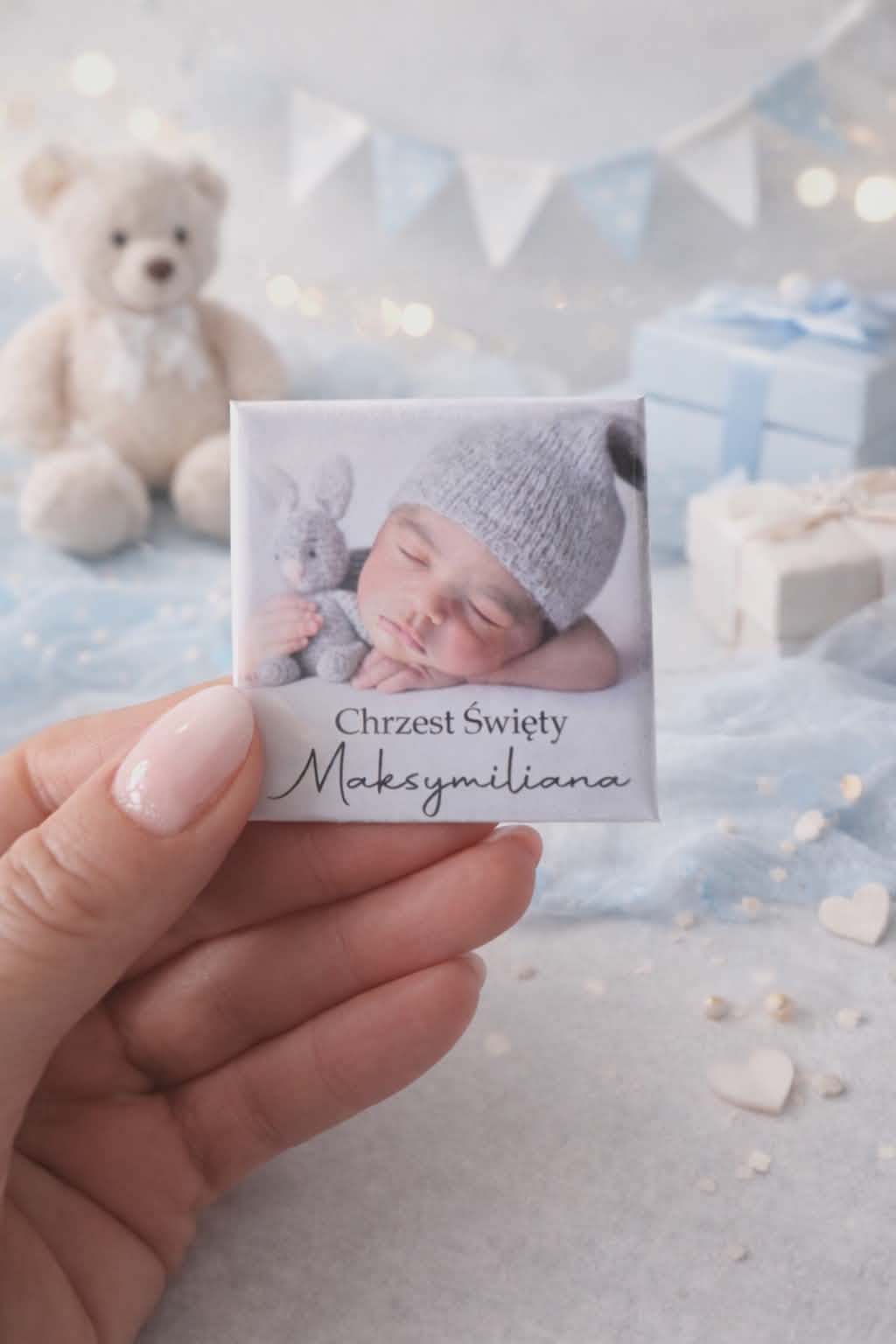 Podziękowania dla gości Chrzest magnesy ze zdjęciem dziecka personalizowane 5×5 Pamiątka Chrztu