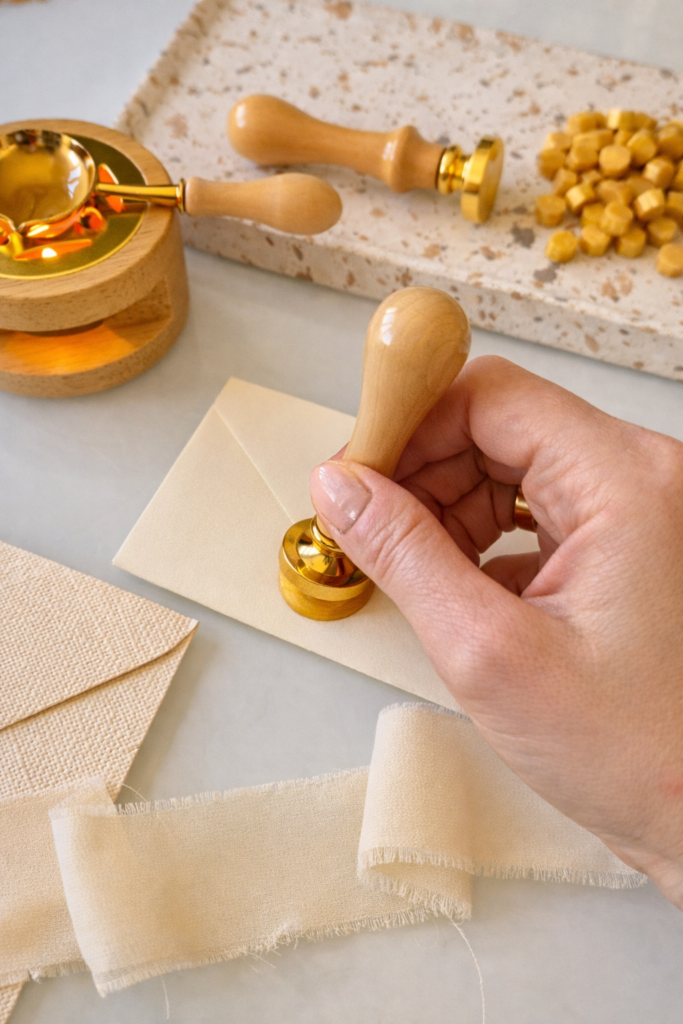 odbijanie pieczęci lakowej stemplem lakowym na kopercie – jak zrobić pieczęć lakową krok po kroku