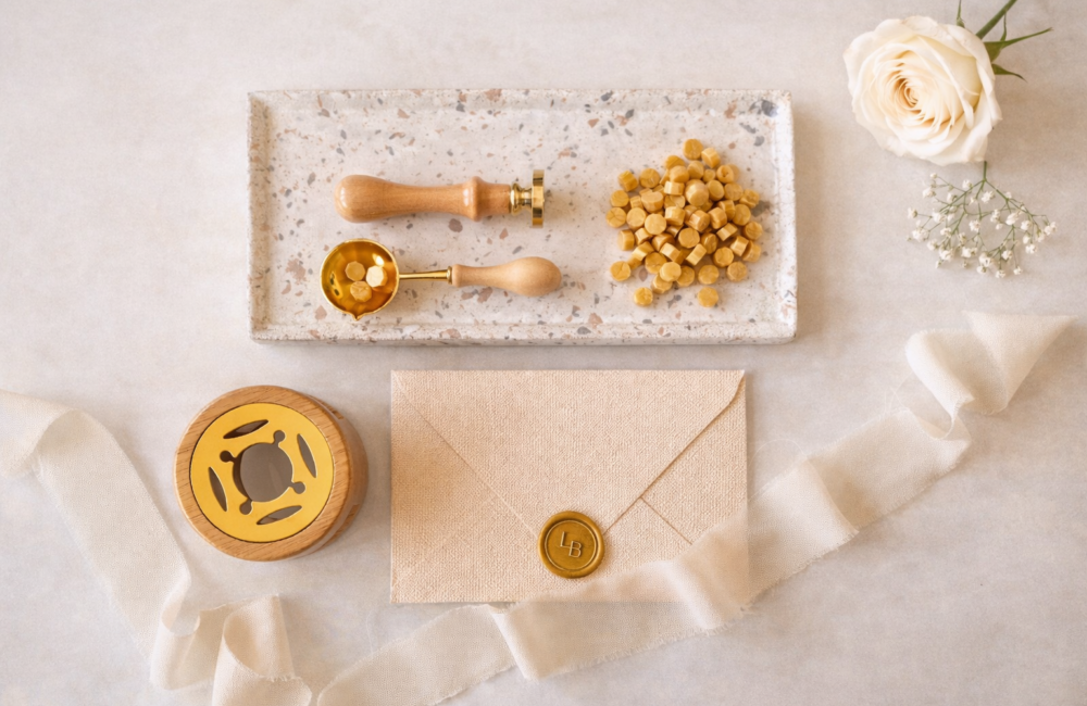 Zestaw do lakowania – pieczęć lakowa, łyżeczka do topienia wosku i koraliki woskowe używane do wykonania pieczęci lakowej krok po kroku