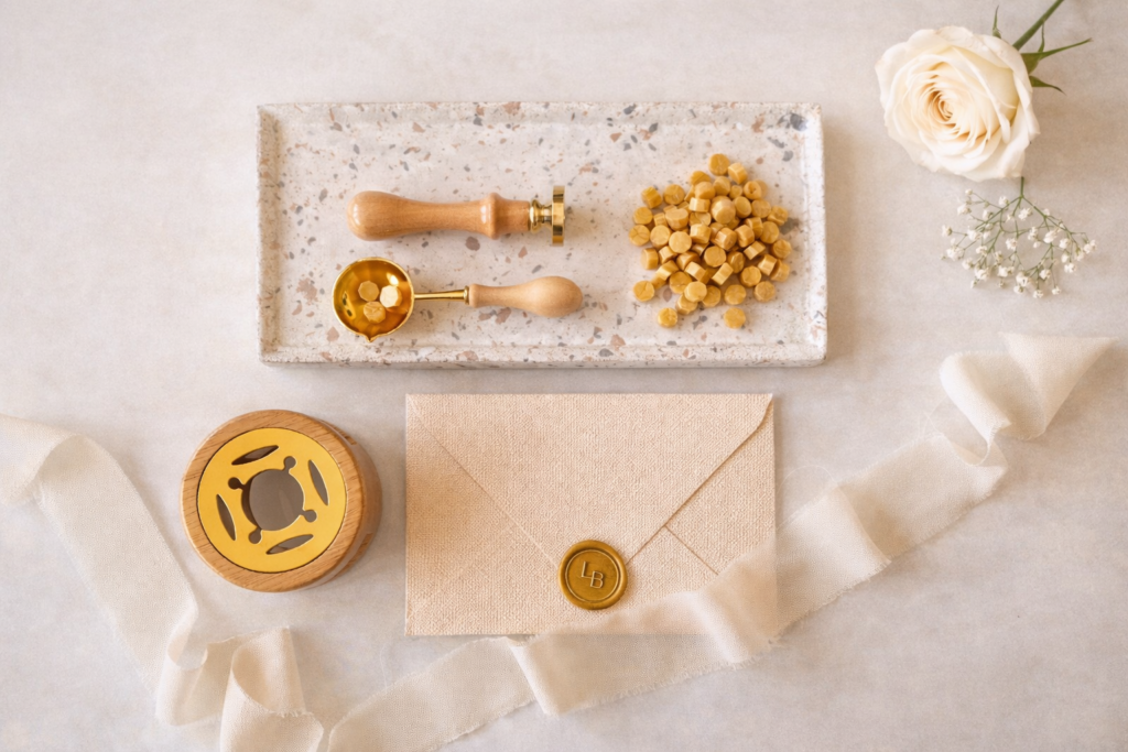 Zestaw do lakowania – pieczęć lakowa, łyżeczka do topienia wosku i koraliki woskowe używane do wykonania pieczęci lakowej krok po kroku