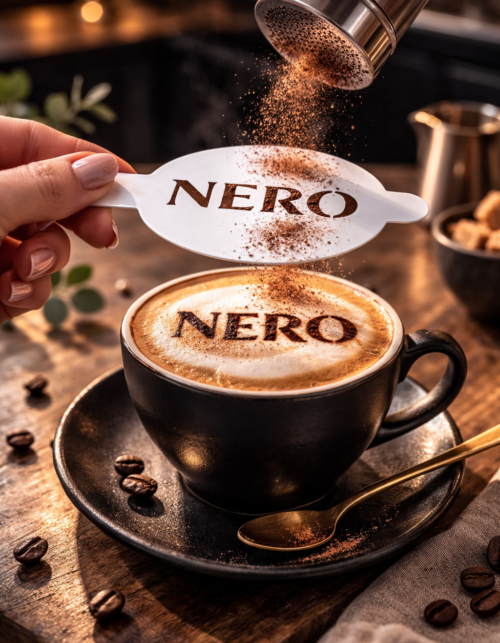 Personalizowany szablon do kawy z logo odbijany na cappuccino z kakao – akrylowy stencil dla kawiarni i restauracji