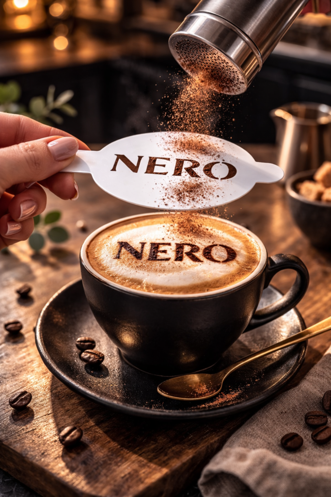 Personalizowany szablon do kawy z logo odbijany na cappuccino z kakao – akrylowy stencil dla kawiarni i restauracji