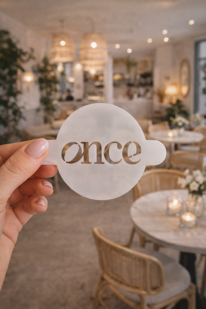 szablon spożywczy do kawy z logo odbicie wzoru na cappuccino personalizowany