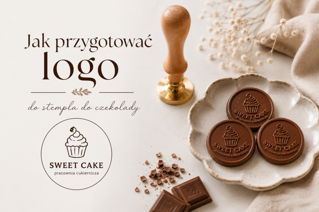 Jak przygotować logo do stempla do czekolady – personalizowany stempel z logo cukierni przedstawiony w jasnej pracowni cukierniczej.