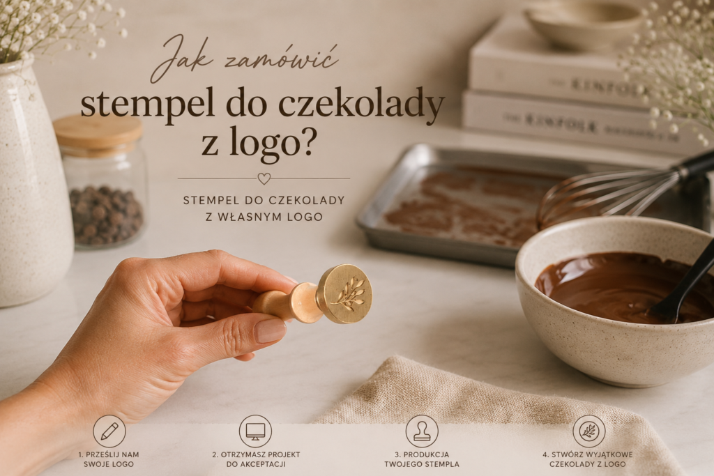 Stempel do czekolady z własnym logo trzymany w dłoni w pracowni cukierniczej. Personalizowany stempel do znakowania czekoladek firmowych, słodyczy reklamowych i prezentów.